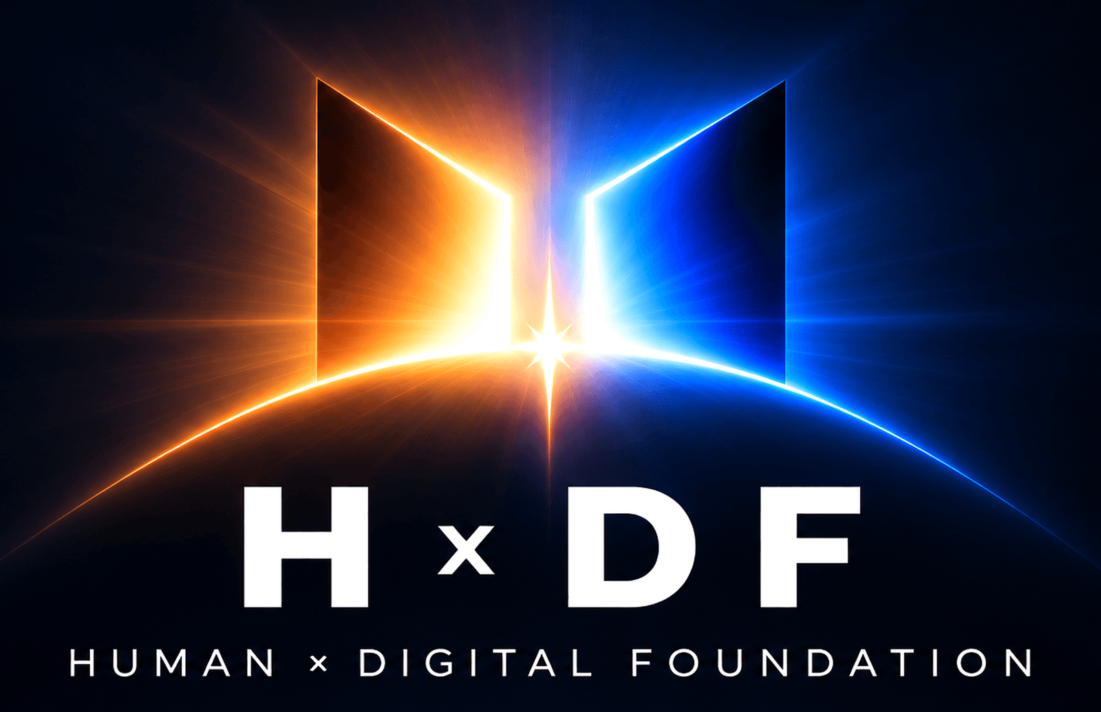 Human × Digital Foundation logo: two open doors, one orange and one blue, meeting at a spark above a horizon, with the letters H × D F